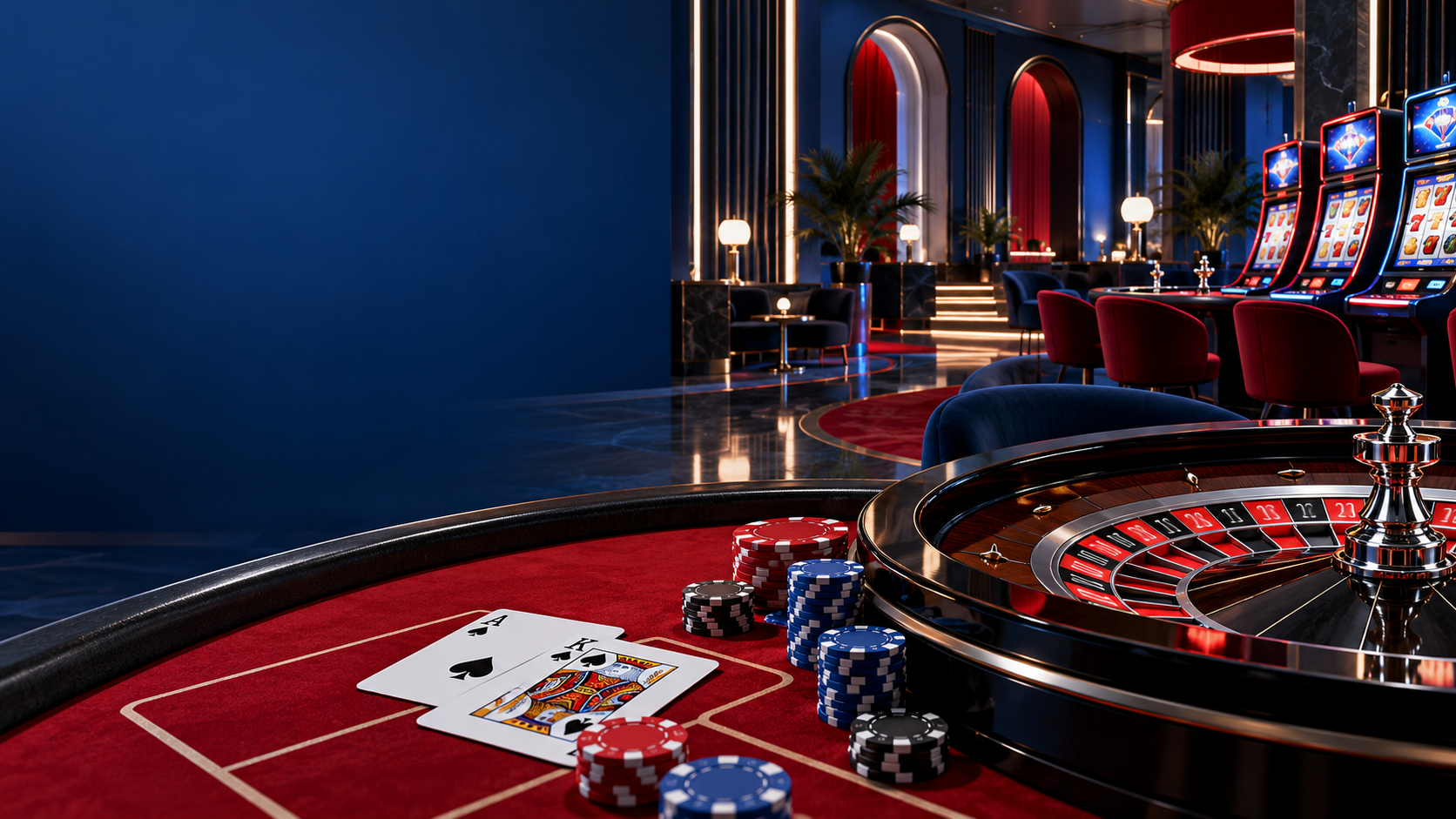 Red and blue casino lounge with roulette, blackjack cards and slot machines