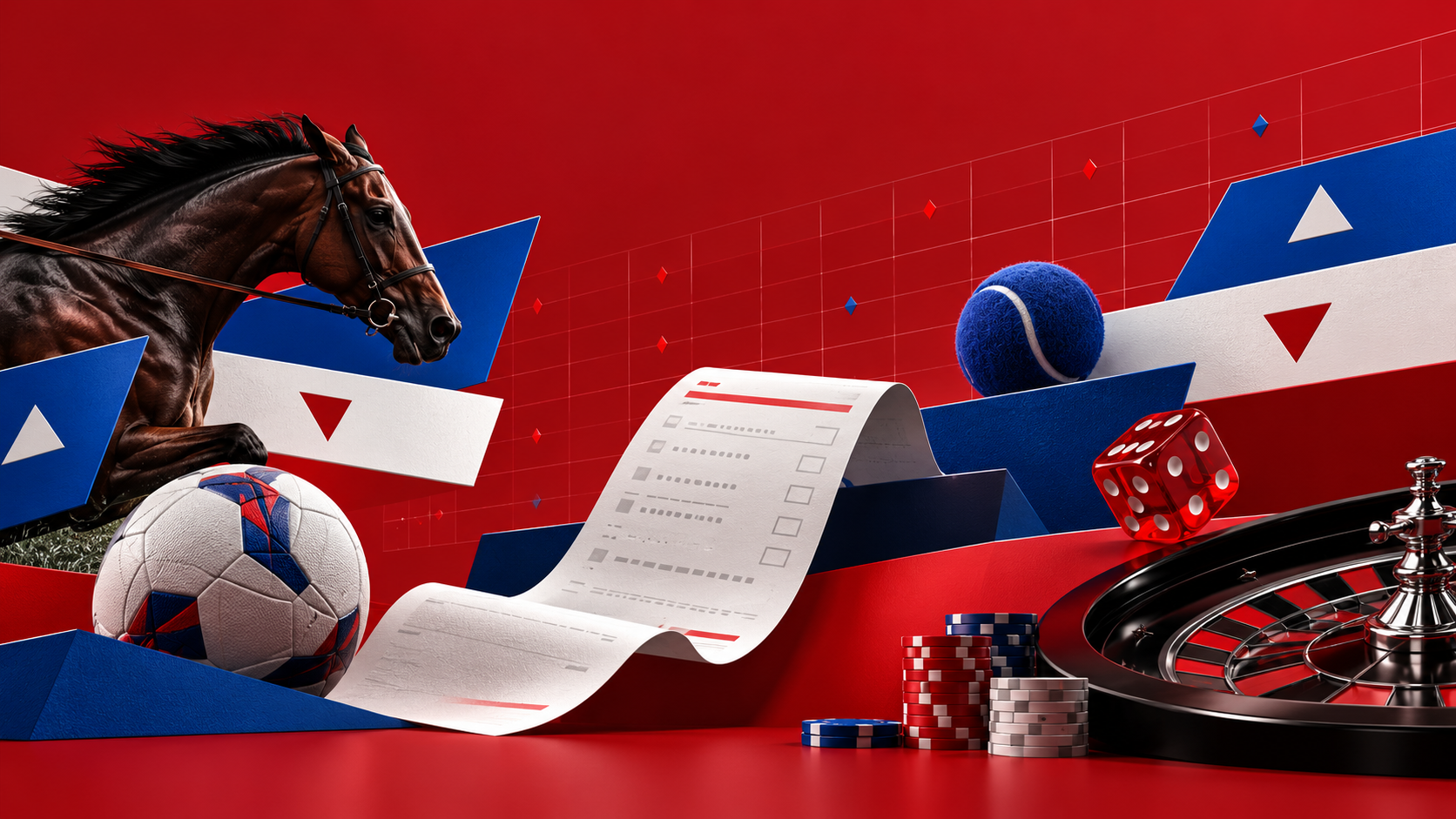 Red and blue betting exchange scene with a slip, sports balls and casino chips